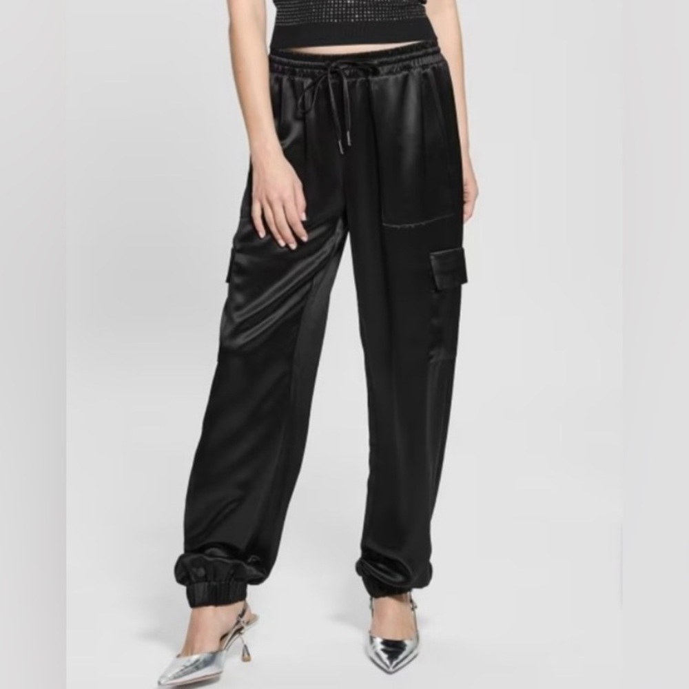 INC INTERNATIONAL BLACK SATIN CARGO PANTS